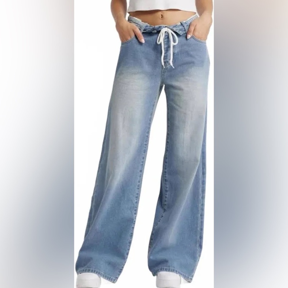 PTCL Women's Foldover Super High Waist Wide-Leg Jeans